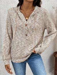 Cosy Waffle Knit Hoodie with Button Neck and Drawstring Hood