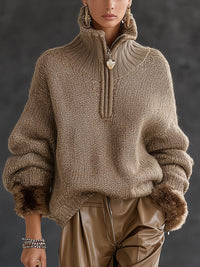 Cozy Half Zip Chunky Knit Sweater with Fur Cuffs