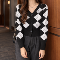 Cropped Argyle Cardigan with V-Neckline