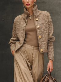 Cropped Boucle Cardigan with Gold Buttons and Stand Collar