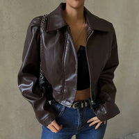 Cropped Brown Leather Jacket with Wide Collar