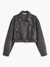 Cropped Denim Biker Jacket with Asymmetric Zip and Belt