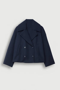 Cropped Double Breasted Wool Pea Coat with Wide Lapels