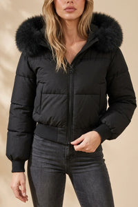 Cropped Hooded Puffer Jacket with Faux Fur Hood Trim