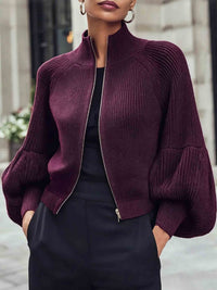 Cropped Knit Cardigan with Puff Sleeves and Stand Collar