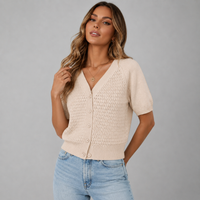 Cropped Knit Cardigan with V-Neckline and Puff Sleeves