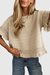 Cropped Knit Top with Crochet Trim and Ruffle Hem