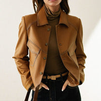 Cropped Leather Jacket with Contrast Topstitching