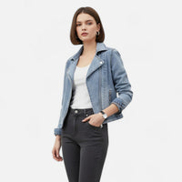 Cropped Light Wash Denim Biker Jacket with Back Belt