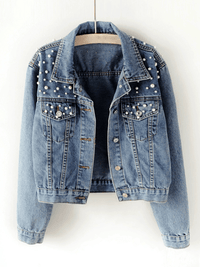 Cropped Light Wash Denim Jacket with Pearl Embellishment
