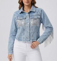 Cropped Light Wash Denim Jacket with Silver Fringe Detail