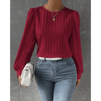 Cropped Pleated Top with Puff Sleeves and Round Neck