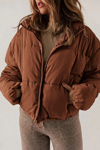Cropped Puffer Jacket with Stand Collar and Drawcord Hem