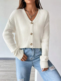 Cropped Ribbed Knit Cardigan with V-Neckline