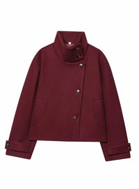Cropped Wool Coat with High Collar and Asymmetric Button Front
