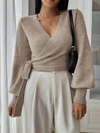 Cropped Wrap Knit Sweater with Tie Waist and V-Neckline