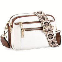 Crossbody Bag with Embroidered Boho Strap and Multi-Zip Pockets