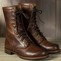 Dark Brown Leather Lace-Up Combat Boots with Fold-Down Cuff