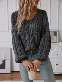 Dark Grey Chunky Cable Knit Sweater with V-Neckline and Puff Sleeves