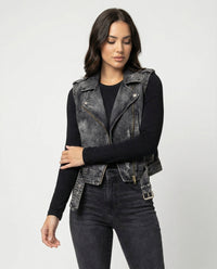 Dark Wash Denim Biker Gilet with Adjustable Waist Belt