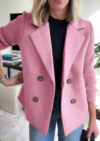 Double Breasted Blazer with Ribbed Knit Sleeves