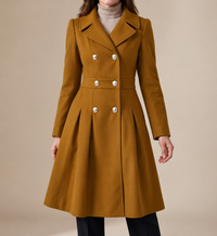 Double Breasted Wool Coat with Gold Buttons and Pleated Skirt