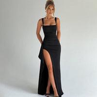 Elegant Fitted Maxi Dress with Square Neck and High Slit