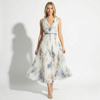 Elegant Floral Pleated Midi Dress with V-Neckline and Satin Belt