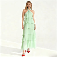 Elegant Halter Neck Maxi Dress with Tiered Skirt