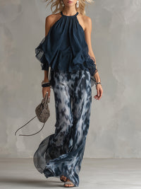 Elegant Halter Neck Two Piece Set with Ruffle Top and Wide Leg Trousers