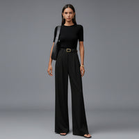 Elegant High Waisted Trousers with Wide Leg and Pleated Front