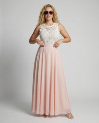 Elegant Lace Bodice Maxi Dress with Flowing Chiffon Skirt