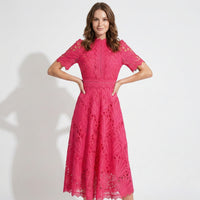 Elegant Lace Midi Dress with High Neck and Short Sleeves