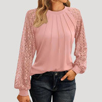 Elegant Lace Sleeve Top with Pleated Front and Round Neck