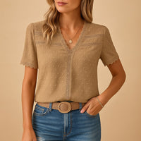 Elegant Lace Trim Blouse with V-Neckline and Swiss Dot Fabric