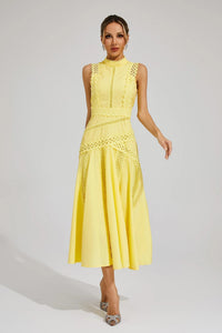 Elegant Lace Trim Midi Dress with High Neck and Full Skirt