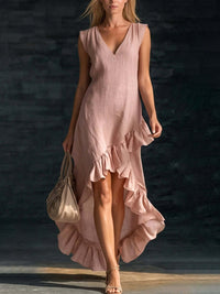 Elegant Linen Ruffle Hem Maxi Dress with V-Neckline
