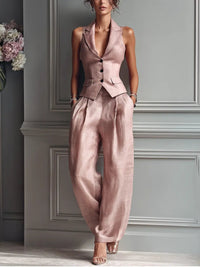 Elegant Linen Waistcoat and Wide Leg Trouser Two Piece Set