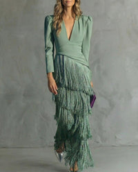Elegant Long Sleeve Maxi Dress with Tiered Fringe Skirt and Deep V-Neckline