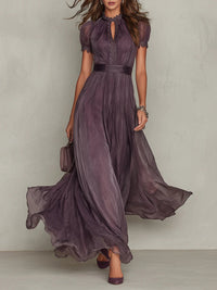 Elegant Mauve Chiffon Maxi Dress with Lace Trim and Satin Waist Belt