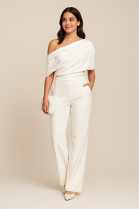 Elegant One Shoulder Wide Leg Jumpsuit with Draped Bodice