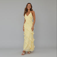 Elegant Ruffle Maxi Dress with V-Neckline and Thin Straps