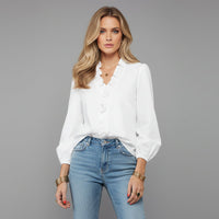 Elegant Satin Blouse with Ruffle Trim and Puff Sleeves