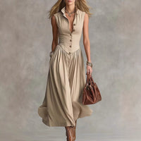 Elegant Sleeveless Maxi Dress with Button Front and Pleated Skirt