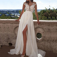 Elegant White Wedding Dress with Lace Bodice and Open Back