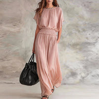Elegant Wide Leg Jumpsuit with Smocked Waist and Batwing Sleeves