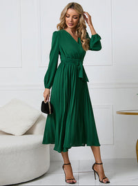 Elegant Wrap Front Pleated Midi Dress with Belt and Long Sleeves