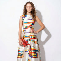 Elegant Abstract Print Midi Dress with Pleated Skirt and Boat Neck