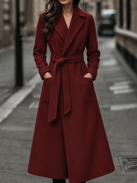 Elegant Long Belted Wool Coat with Patch Pockets