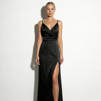 Elegant Satin Maxi Dress with V-Neckline and High Side Slit